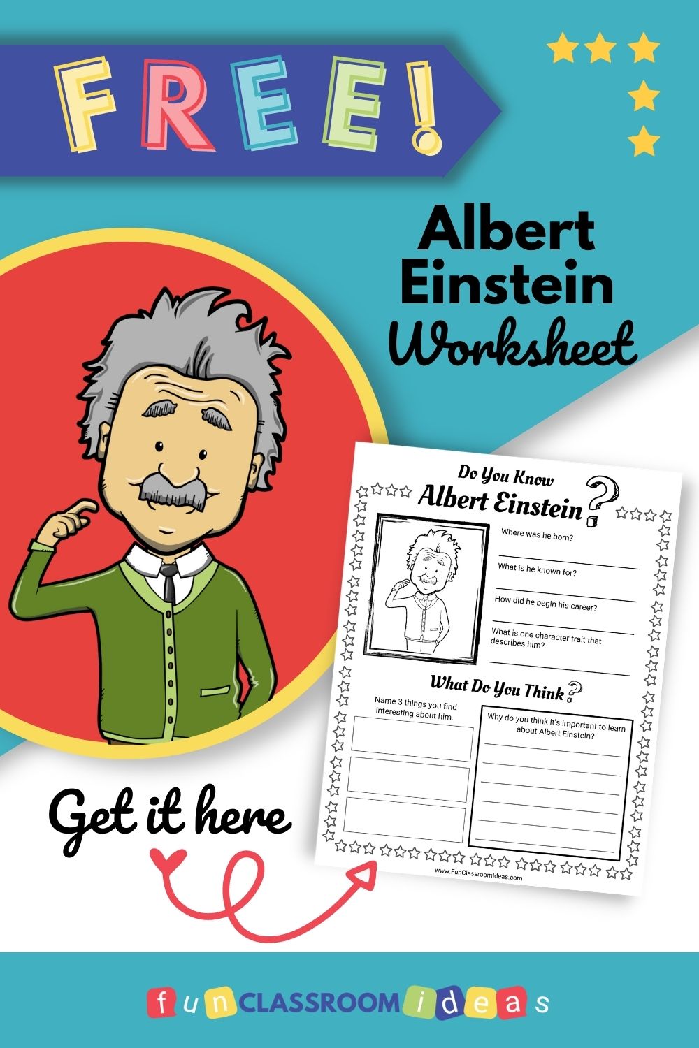 Albert Einstein free worksheet printable for kids