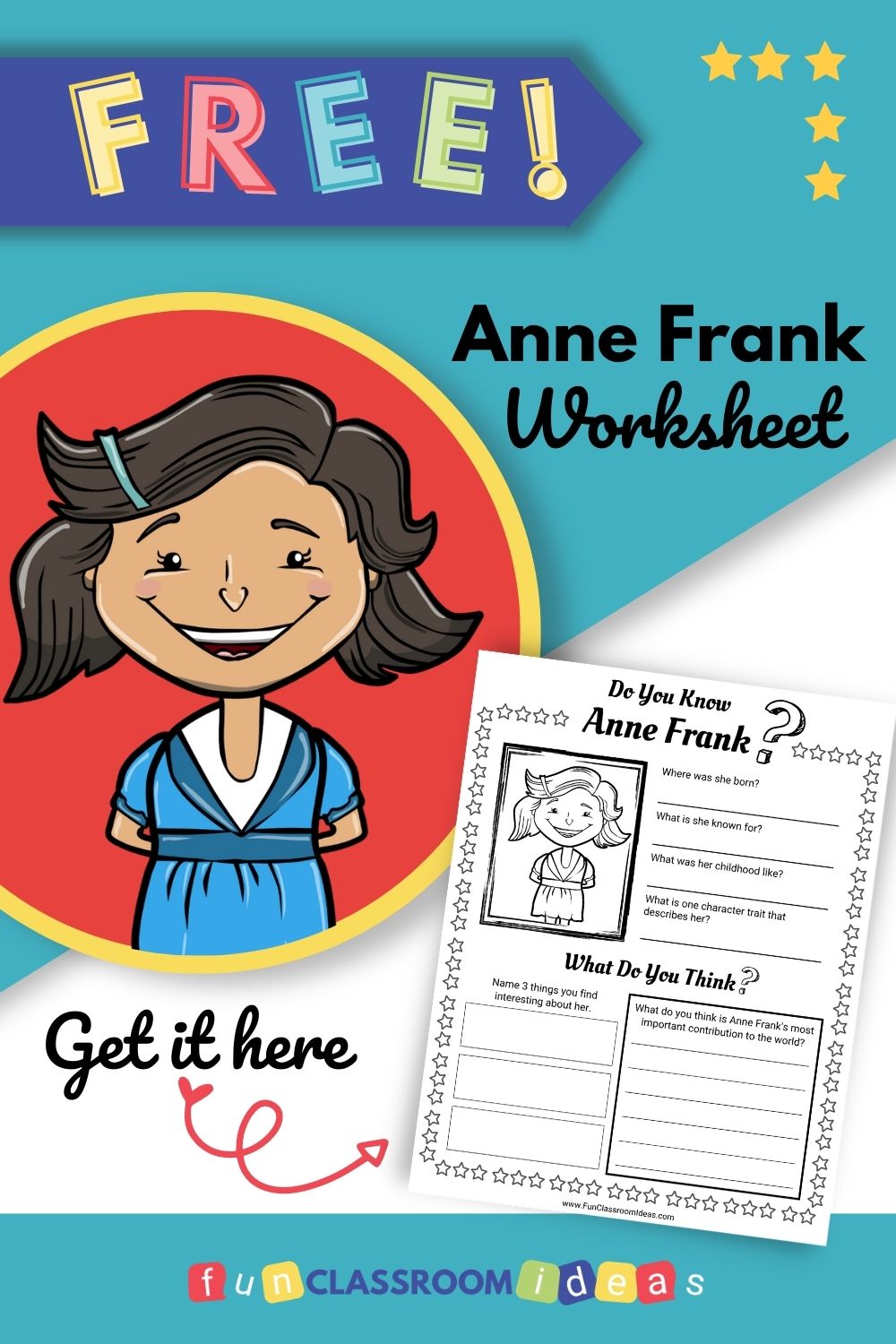 Anne Frank printable biography worksheet for kids