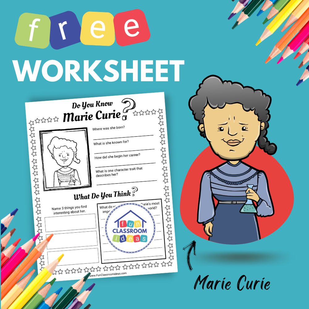 Marie Curie bio worksheet for kids