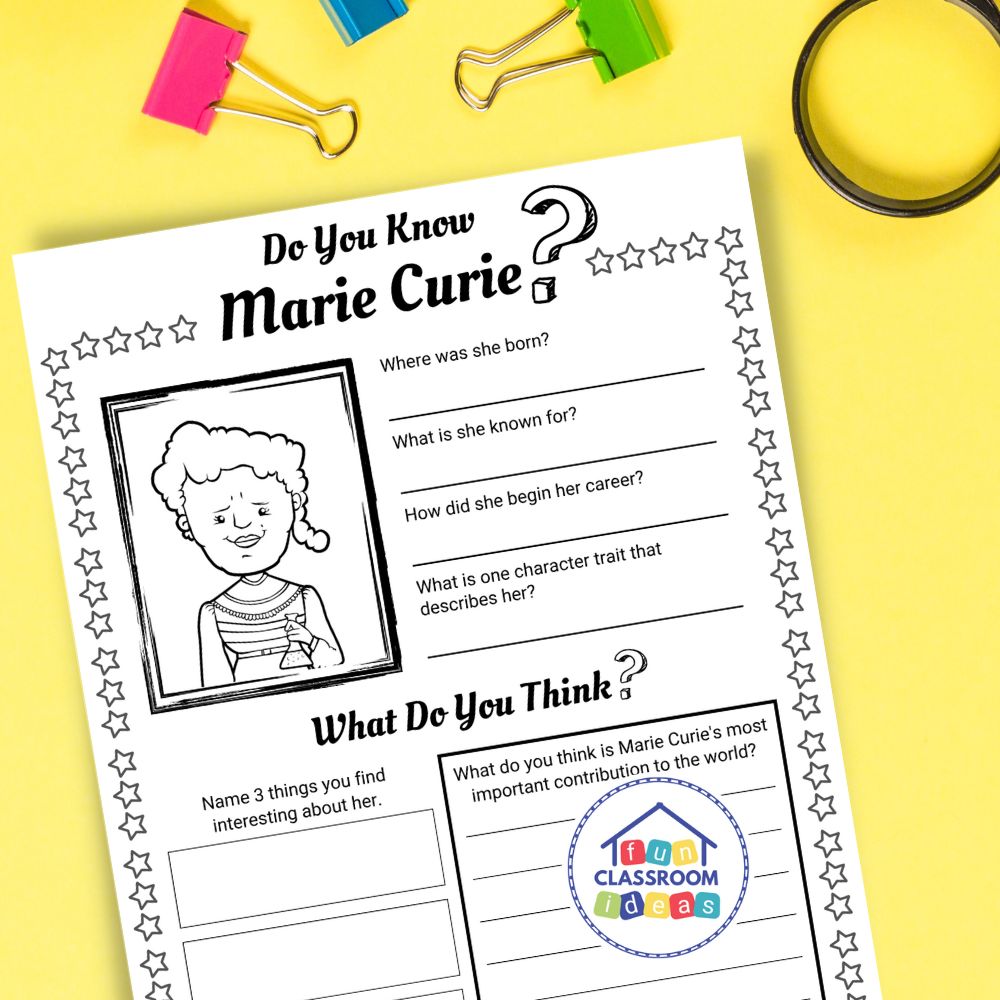 Marie Curie worksheets coloring page