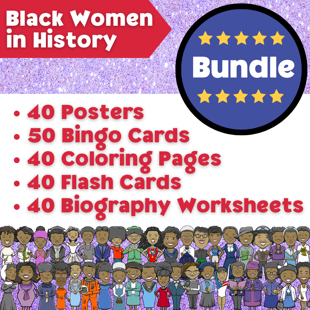 Black Women in History Bundle – Printable educational pack featuring posters, bingo, and activities celebrating inspiring Black female historical figures.