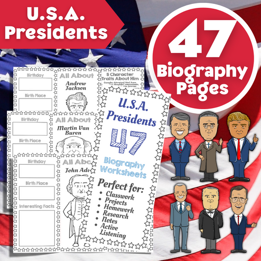 U.S.A. Presidents - 47 Biography Worksheets 🇺🇸