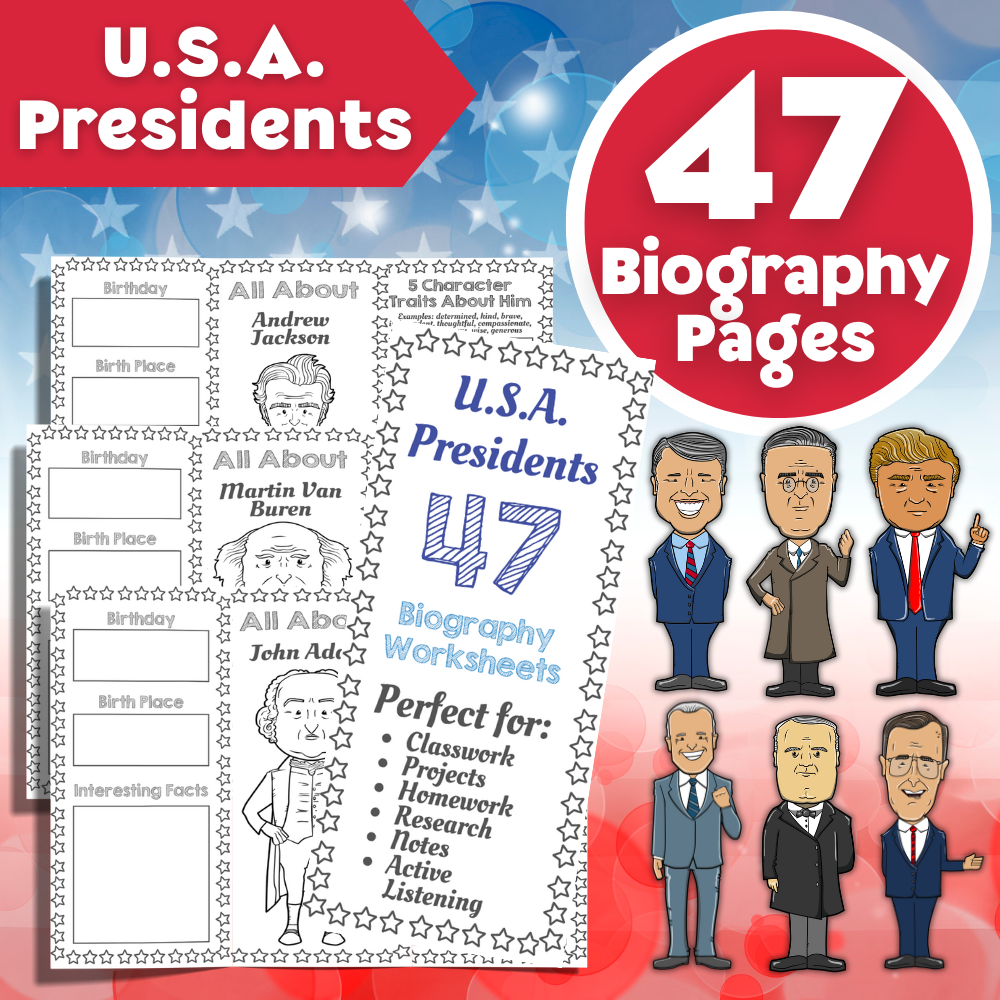 U.S.A. Presidents - 47 Biography Worksheets 🇺🇸